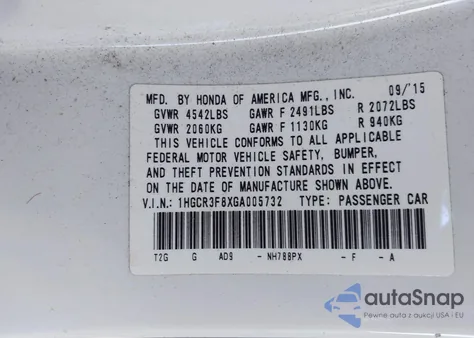 2016 Honda Accord Ex-L V-6 из США, поврежденный, VIN 1HGCR3F8XGA005732